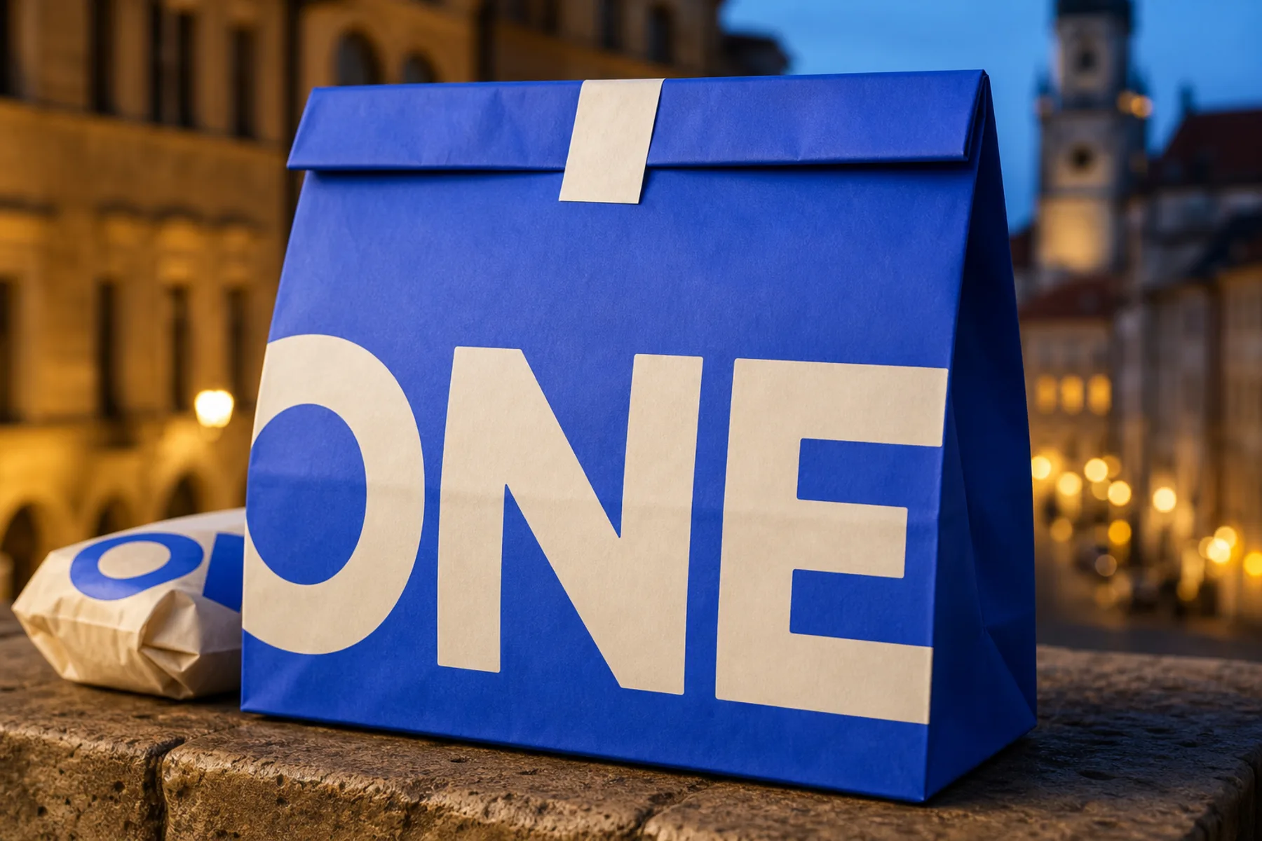 ONE paper bag in ultramarine blue with a cream logo, Prague
